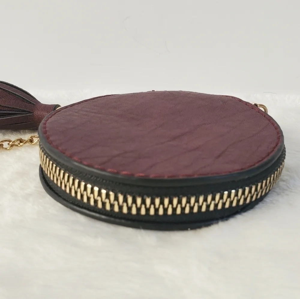 LEATHER Circular Round Shell Deep Burgundy Red Gold Chain Wristlet Purse